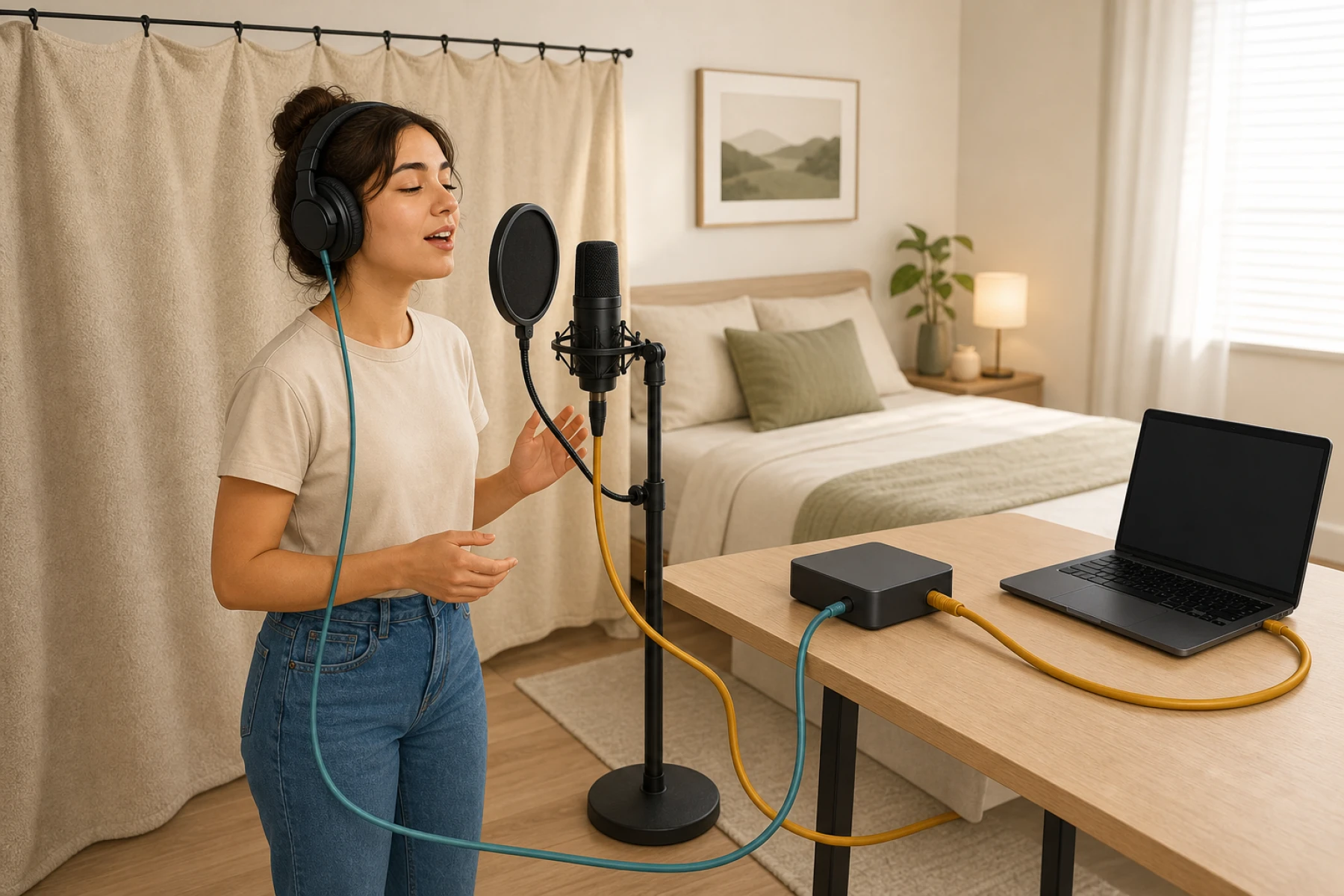 Beginner home vocal chain with microphone, pop filter, interface, headphones, and simple room treatment