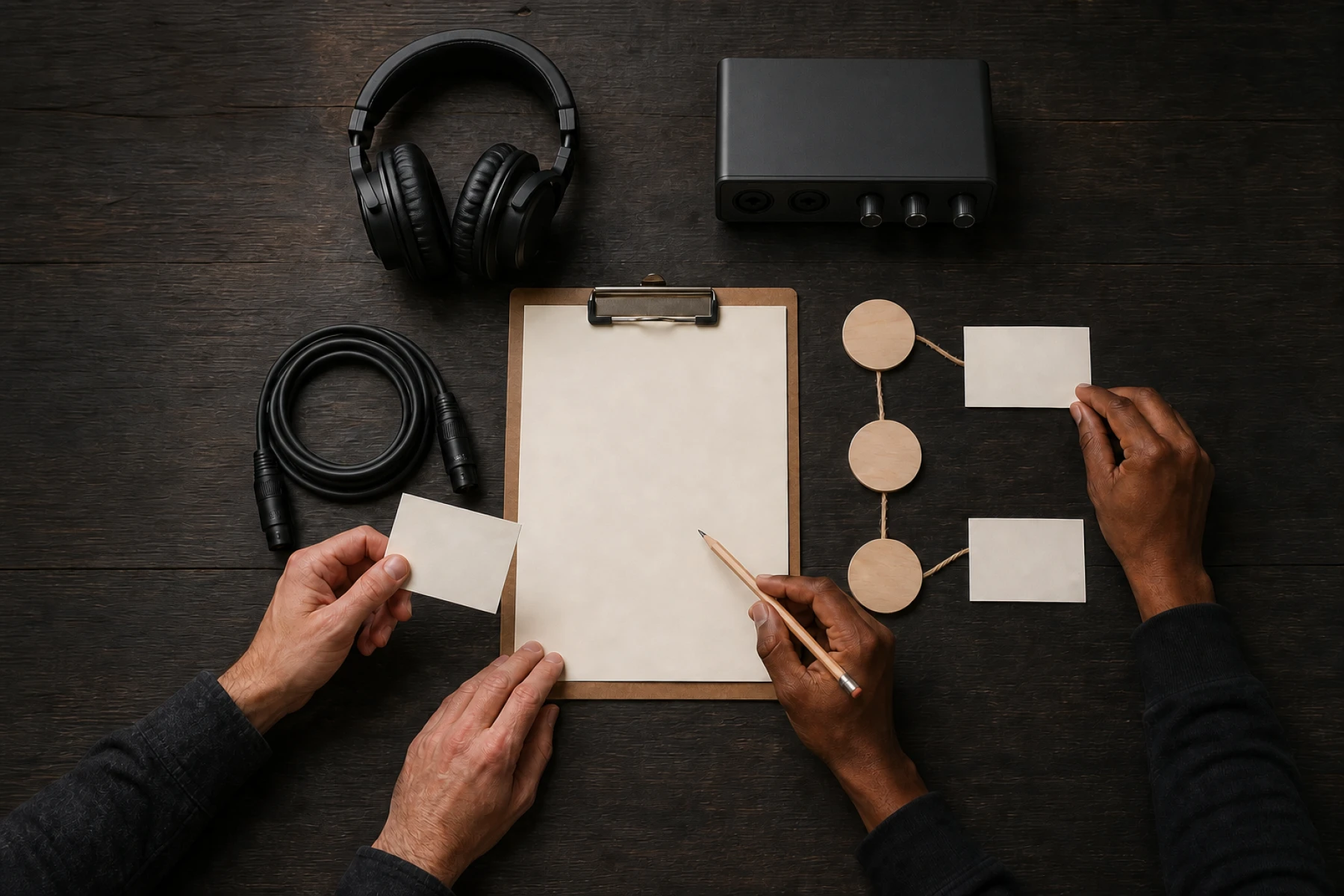 Hands planning a transparent editorial and music gear partnership around a blank project brief