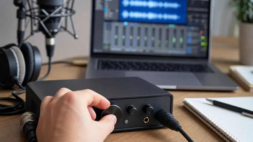Generic audio interface gain knob beside a vocal session screen in a home recording setup