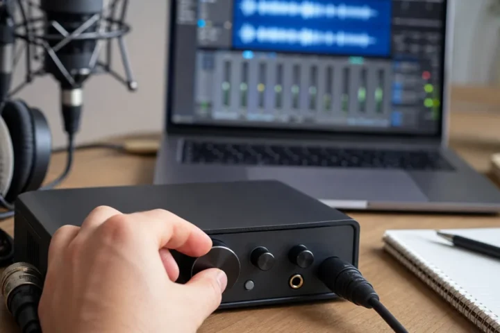 Generic audio interface gain knob beside a vocal session screen in a home recording setup