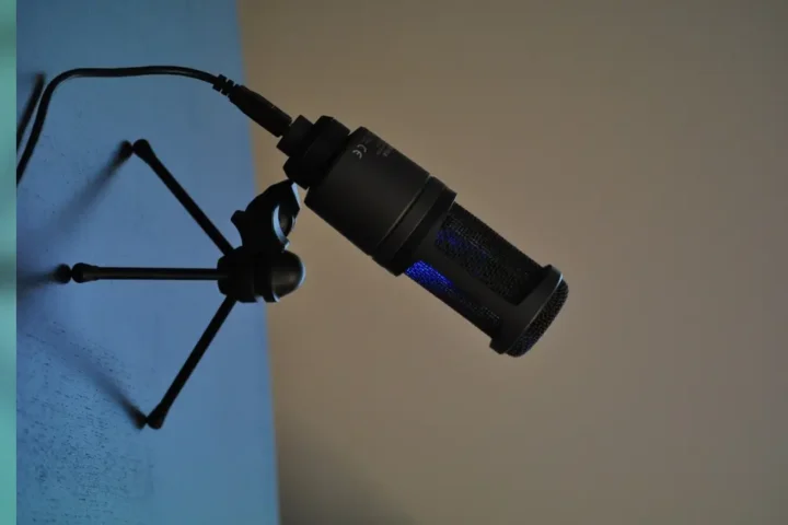 Audio-Technica AT2020 condenser microphone on a desk stand from a rights-cleared product photo