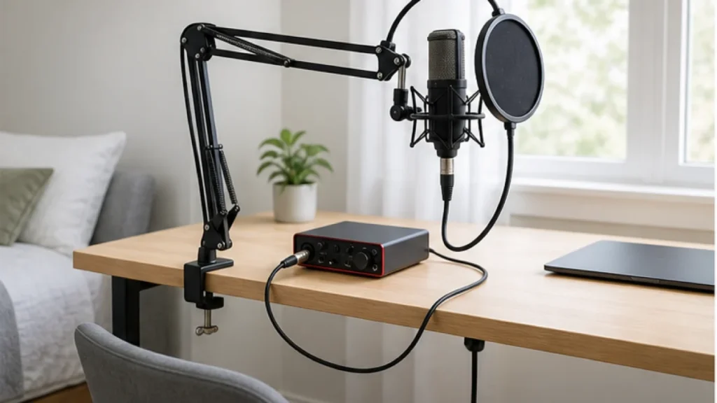 Desk boom arm holding a vocal microphone for bedroom recording