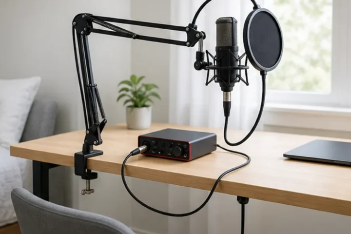Desk boom arm holding a vocal microphone for bedroom recording