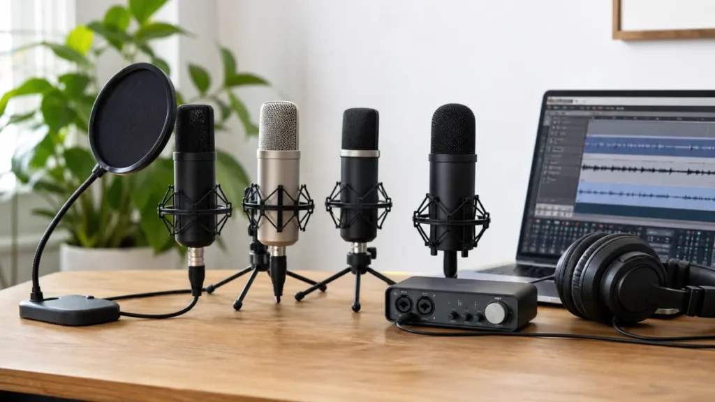 Three generic budget condenser microphone roles compare USB, XLR-interface, and close-position home-vocal setups.
