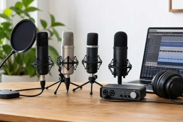 Three generic budget condenser microphone roles compare USB, XLR-interface, and close-position home-vocal setups.