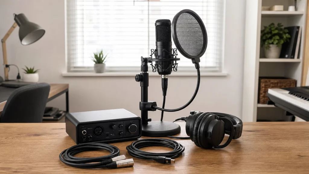 Budget beginner vocal recording kit with generic microphone audio interface headphones pop filter stand and cables on a home studio desk