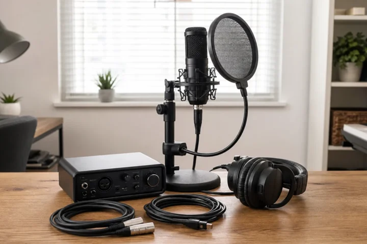 Budget beginner vocal recording kit with generic microphone audio interface headphones pop filter stand and cables on a home studio desk
