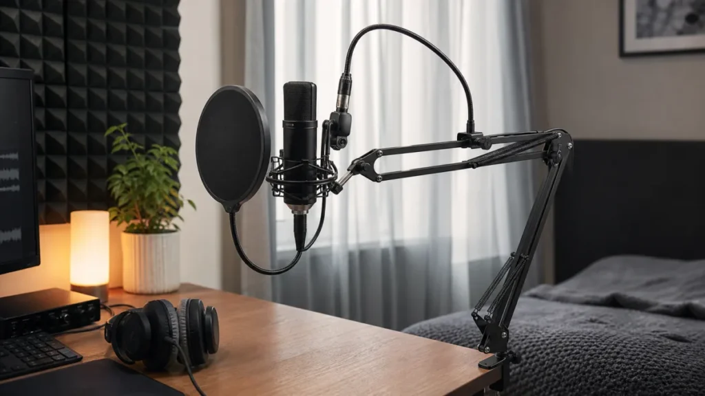 Generic desk boom arm clamped to a home recording desk holding a vocal microphone with a pop filter