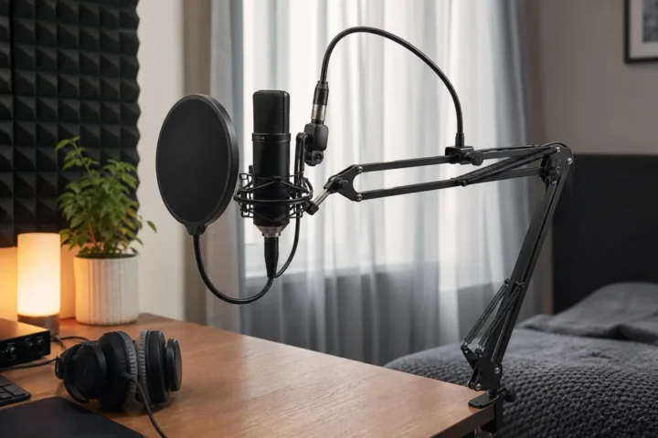 Generic desk boom arm clamped to a home recording desk holding a vocal microphone with a pop filter