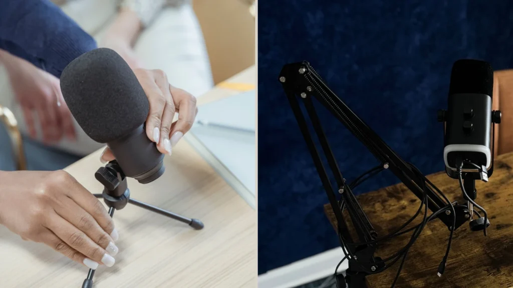 Compact tabletop microphone tripod and boom arm holding microphones in two indoor recording setups.