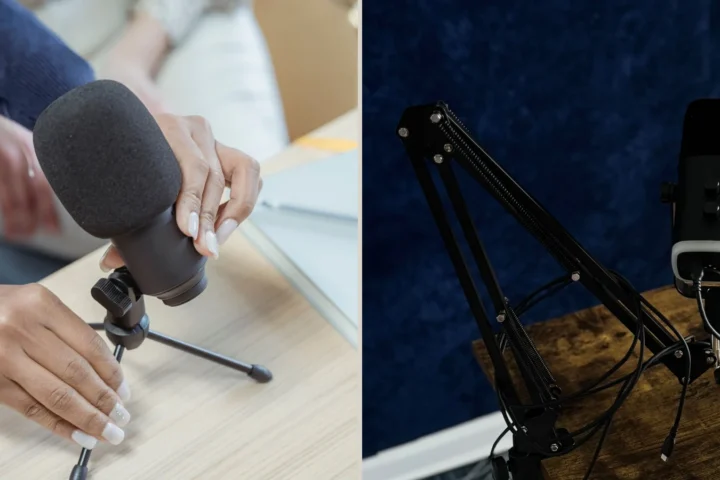Compact tabletop microphone tripod and boom arm holding microphones in two indoor recording setups.