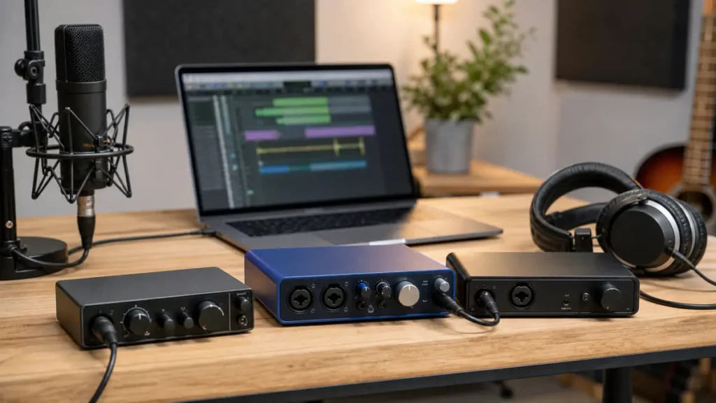 Generic compact audio interfaces, vocal microphone and headphones on a home studio desk