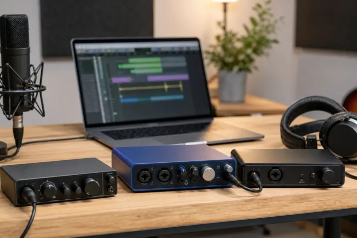 Generic compact audio interfaces, vocal microphone and headphones on a home studio desk