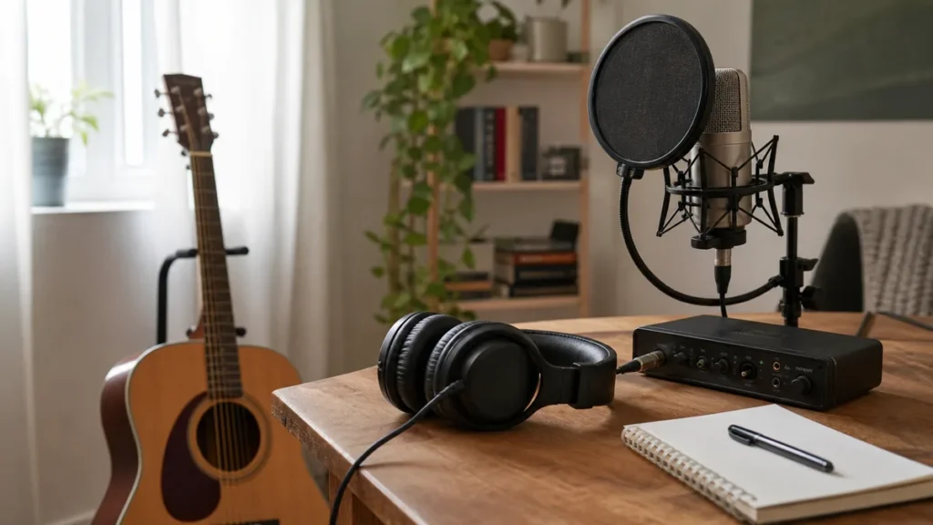 Closed-back headphones beside a vocal microphone and acoustic guitar in a home recording setup