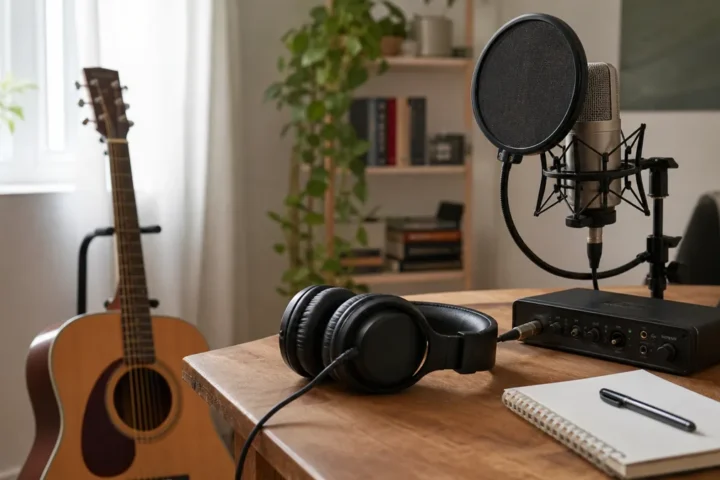 Closed-back headphones beside a vocal microphone and acoustic guitar in a home recording setup