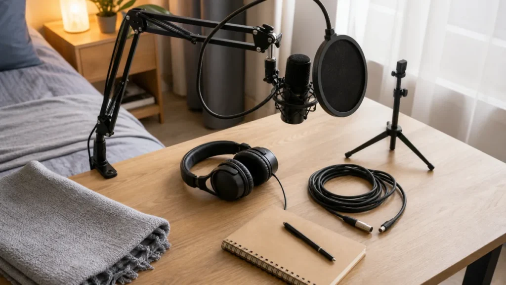 Generic home vocal recording accessories including headphones pop filter boom arm and cables on a beginner desk