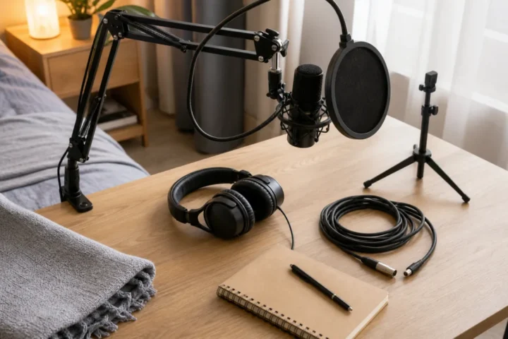 Generic home vocal recording accessories including headphones pop filter boom arm and cables on a beginner desk