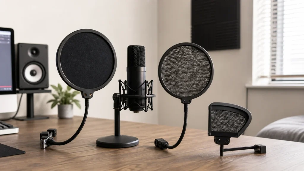 Several generic microphone pop filters arranged around a vocal microphone on a home studio desk