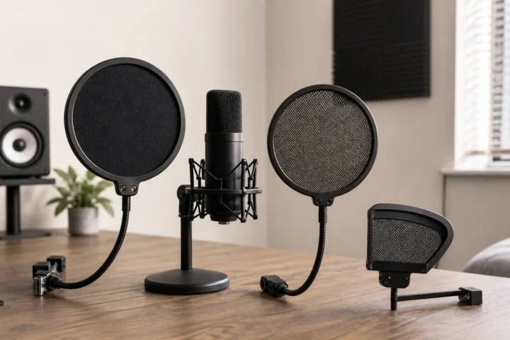Several generic microphone pop filters arranged around a vocal microphone on a home studio desk
