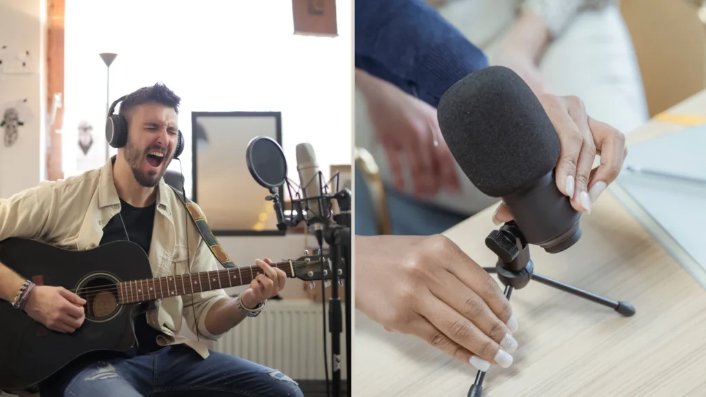 Floor microphone stand in a home vocal setup and a compact tabletop tripod being adjusted.