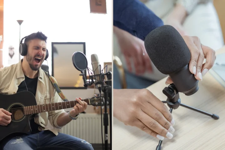 Floor microphone stand in a home vocal setup and a compact tabletop tripod being adjusted.