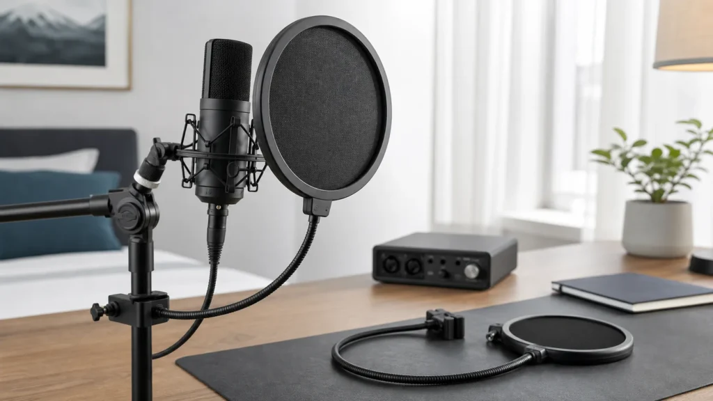 Pop filter in front of a condenser microphone for home vocal recording