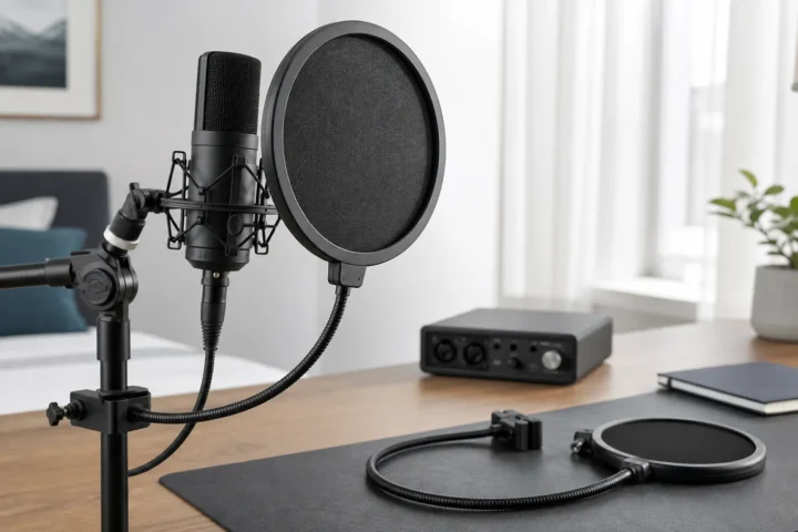 Pop filter positioned between a home vocal microphone and singer distance point