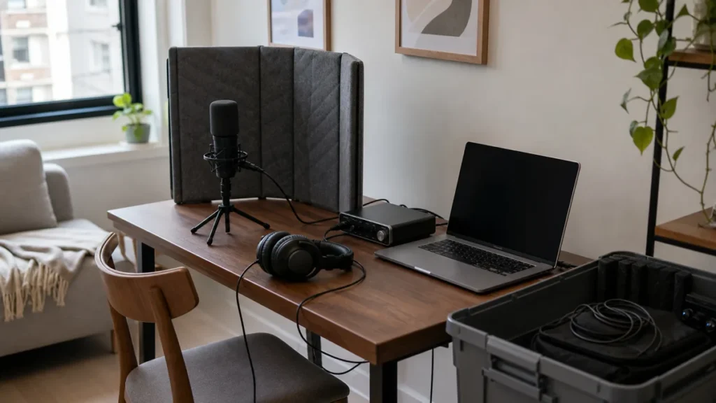 Portable vocal recording setup in a small apartment with microphone interface headphones and storage case