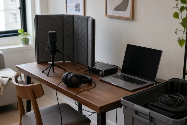 Portable vocal recording setup in a small apartment with microphone interface headphones and storage case