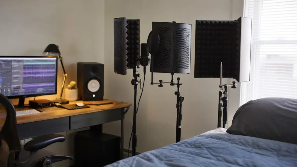 Several generic reflection filter styles around a vocal microphone in a bedroom recording corner