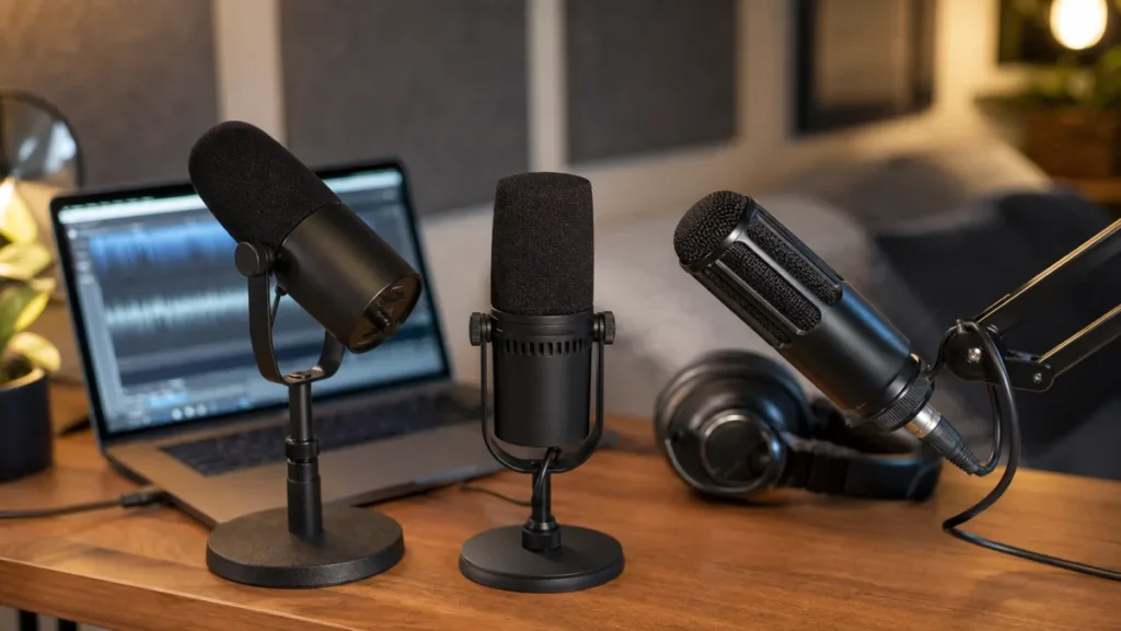 Generic USB dynamic microphones arranged in a bedroom vocal recording setup with headphones and laptop