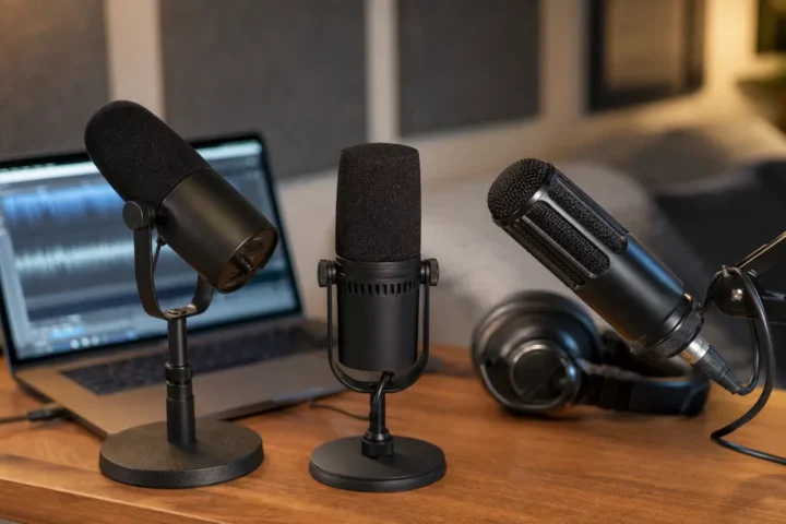 Generic USB dynamic microphones arranged in a bedroom vocal recording setup with headphones and laptop