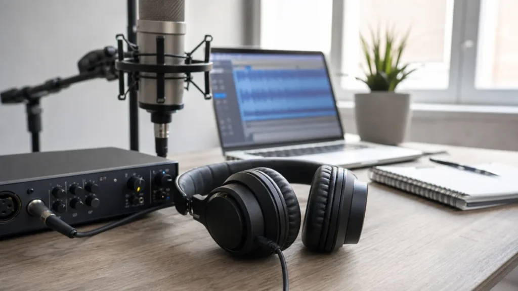 Generic closed-back headphones beside a vocal microphone audio interface and laptop in a home tracking setup