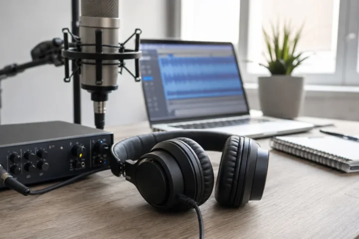 Generic closed-back headphones beside a vocal microphone audio interface and laptop in a home tracking setup