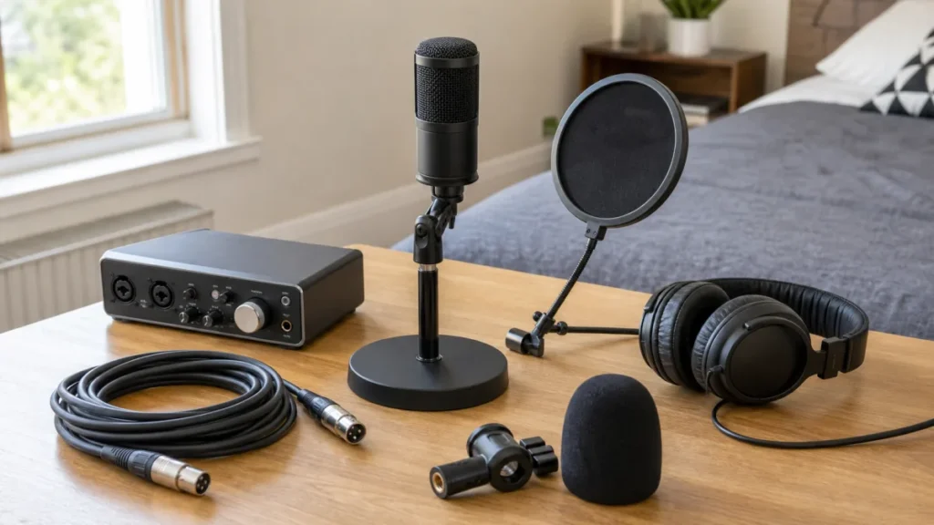 Generic vocal microphone bundle with interface headphones XLR cable and stand hardware on a home studio desk