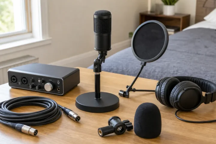 Generic vocal microphone bundle with interface headphones XLR cable and stand hardware on a home studio desk