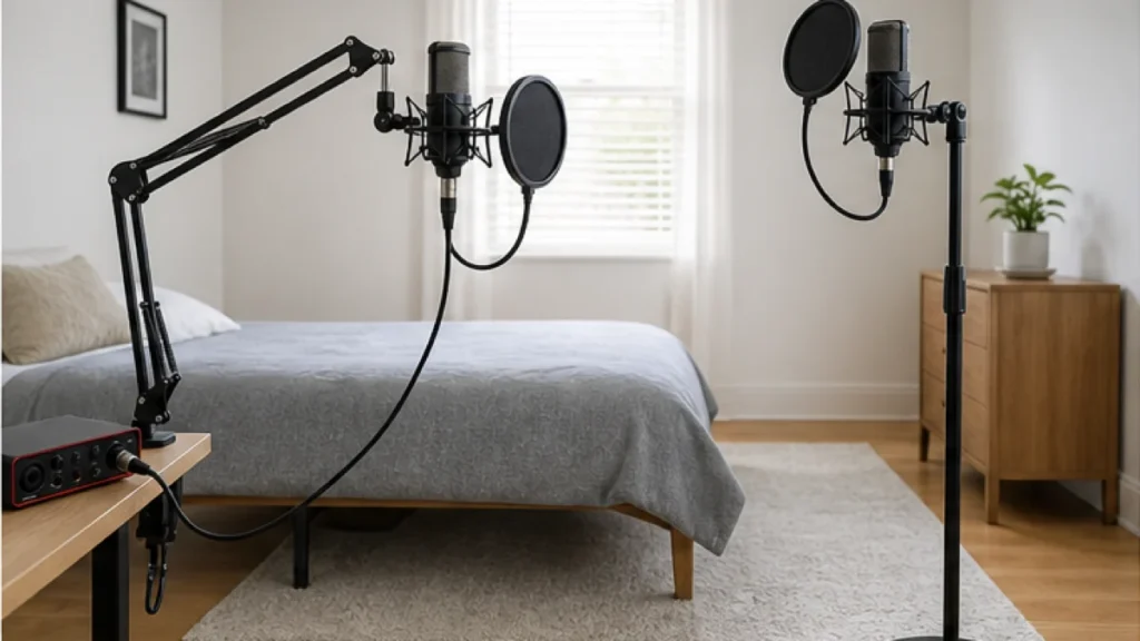 Bedroom vocal setup comparing a desk boom arm and a floor microphone stand