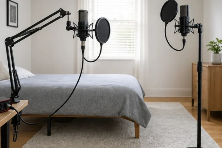 Bedroom vocal setup comparing a desk boom arm and a floor microphone stand