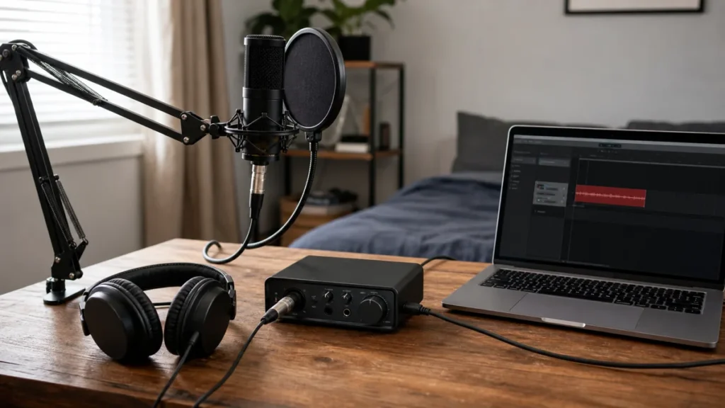 Budget home studio vocal chain with a generic microphone, pop filter, audio interface, headphones, cables and laptop