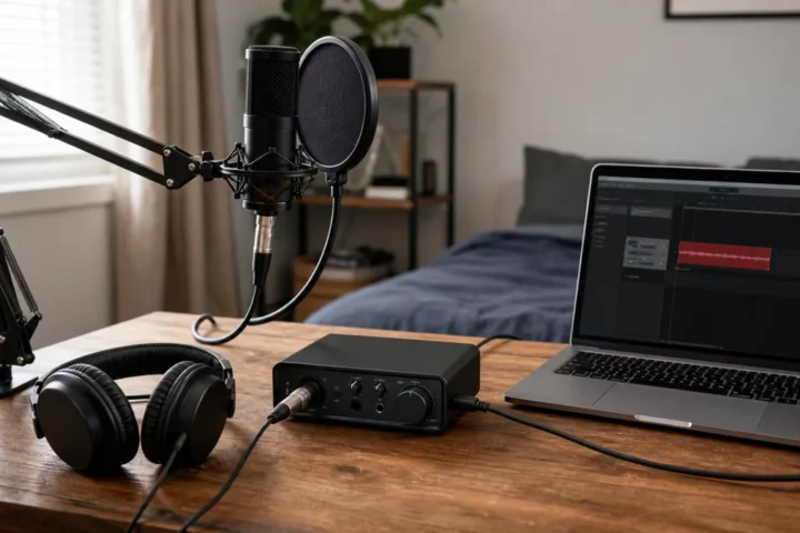 Budget home studio vocal chain with a generic microphone, pop filter, audio interface, headphones, cables and laptop
