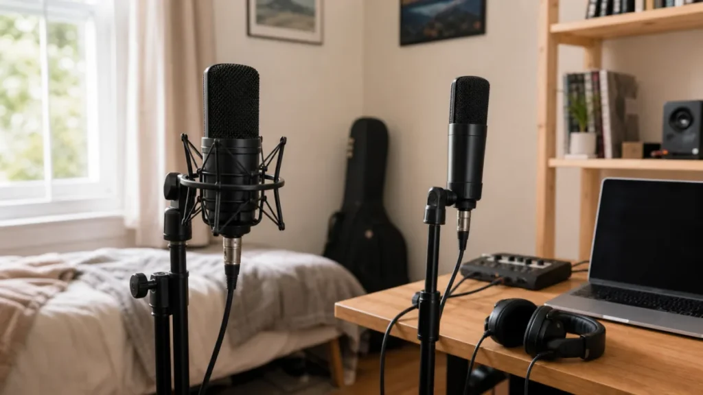 Generic condenser microphones in a home vocal setup showing shock mount and stand clip mounting options