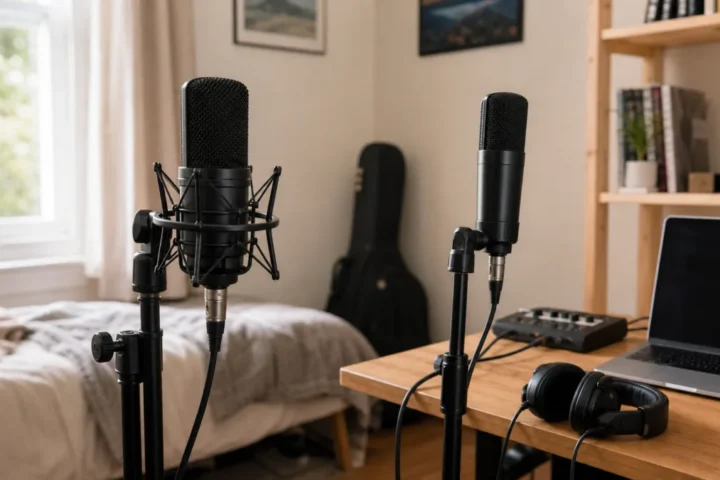 Generic condenser microphones in a home vocal setup showing shock mount and stand clip mounting options