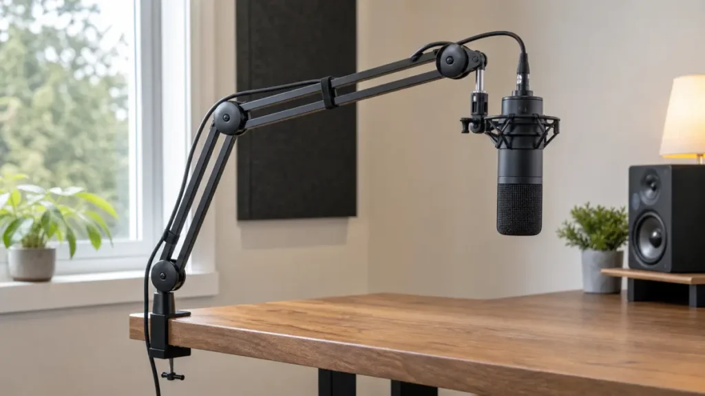 Generic heavy microphone held by a desk boom arm with visible clamp and cable routing on a home recording desk