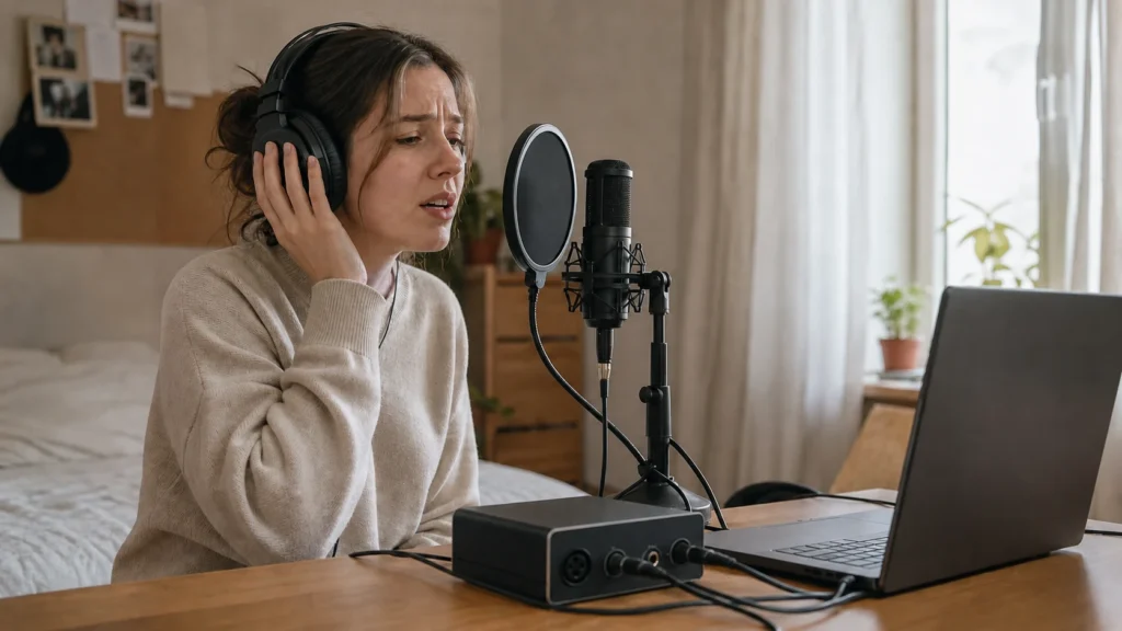 Home vocalist holding a closed-back headphone earcup near a microphone while checking headphone bleed.