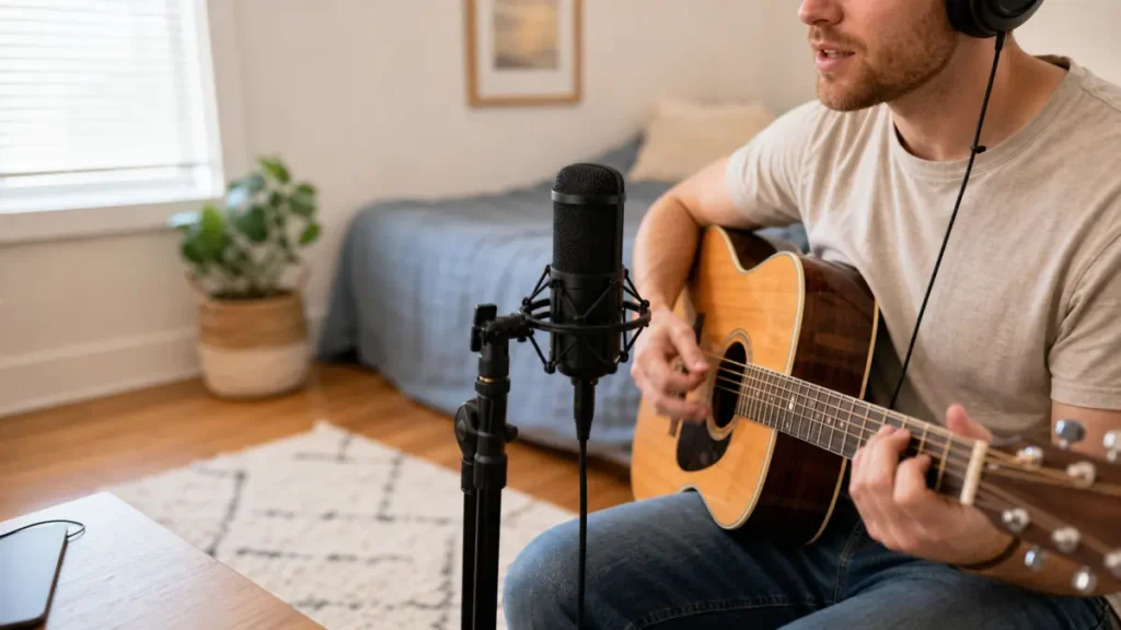 One microphone positioned for a singer playing acoustic guitar at home