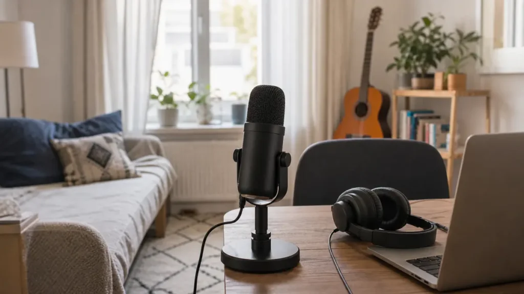 Generic USB microphone vocal recording setup in an apartment with headphones curtains and soft room materials