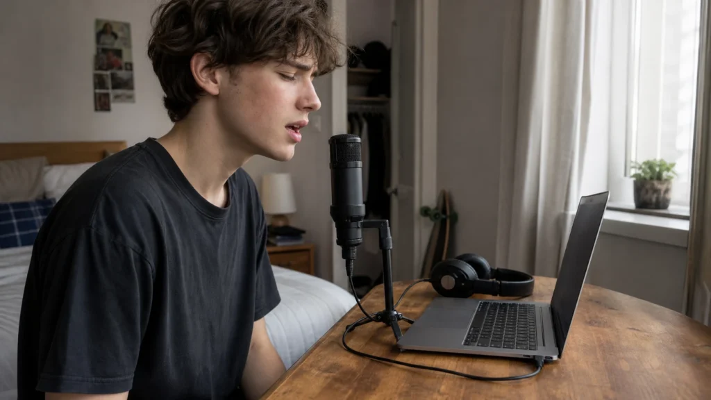 Home vocalist recording into a USB microphone connected directly to a laptop without an audio interface.