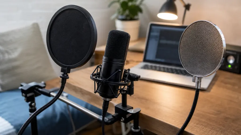 Clip-on fabric pop filter and metal pop filter beside a generic vocal microphone on a home recording desk