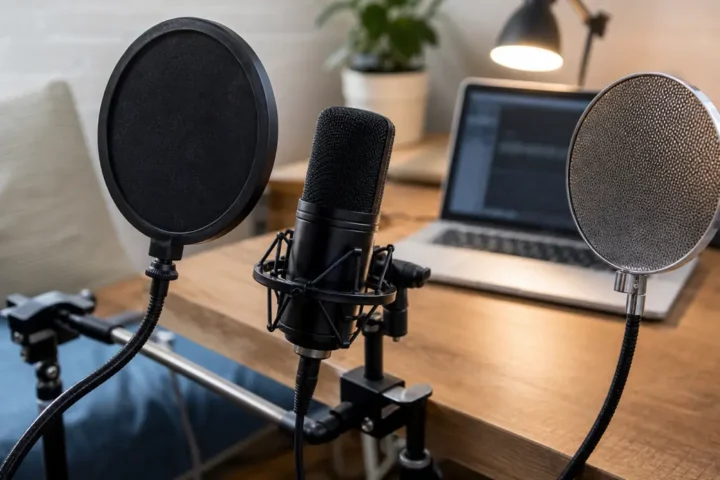 Clip-on fabric pop filter and metal pop filter beside a generic vocal microphone on a home recording desk