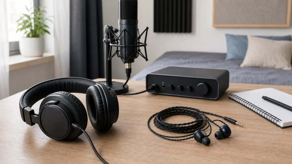 Closed-back headphones beside a home vocal microphone for headphone bleed testing